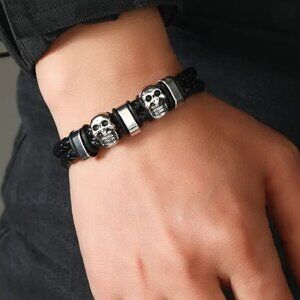 Skull Leather Bracelet Wrist Rock Edgy Gothic Grunge Punk Unisex Black Braided